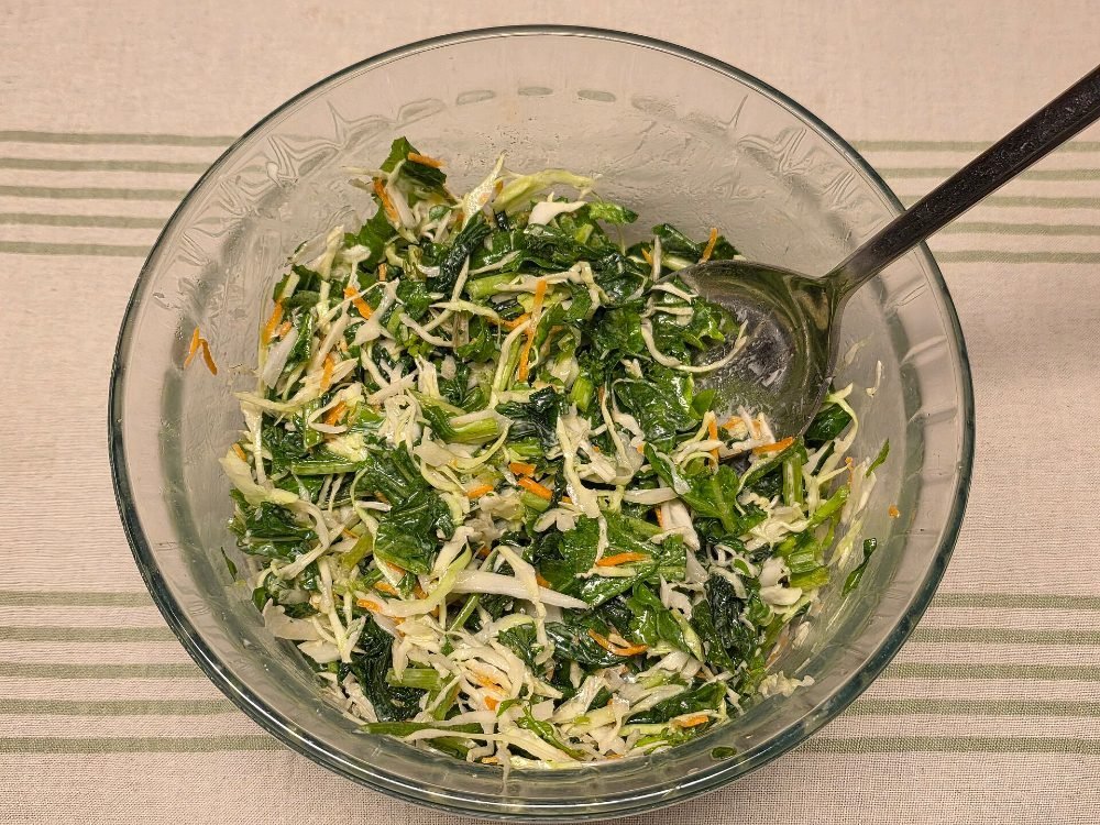 Cuenco de ensalada de col y zanahoria rallada con aliño blanco