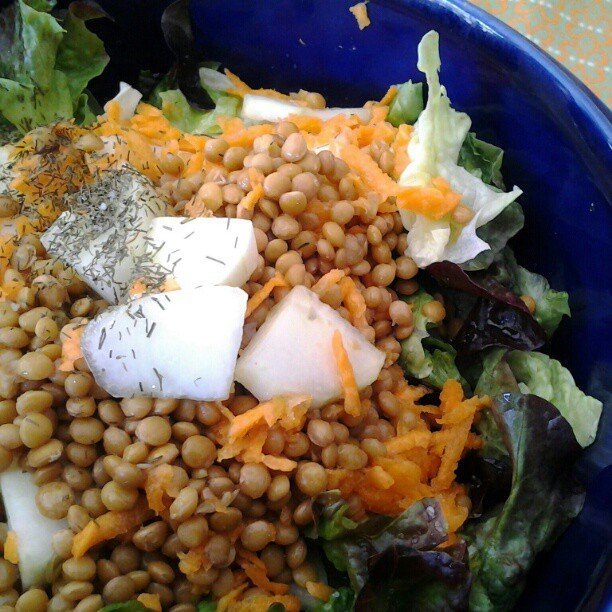 Ensalada de lentejas con tomate, pimiento y cebolla en un cuenco