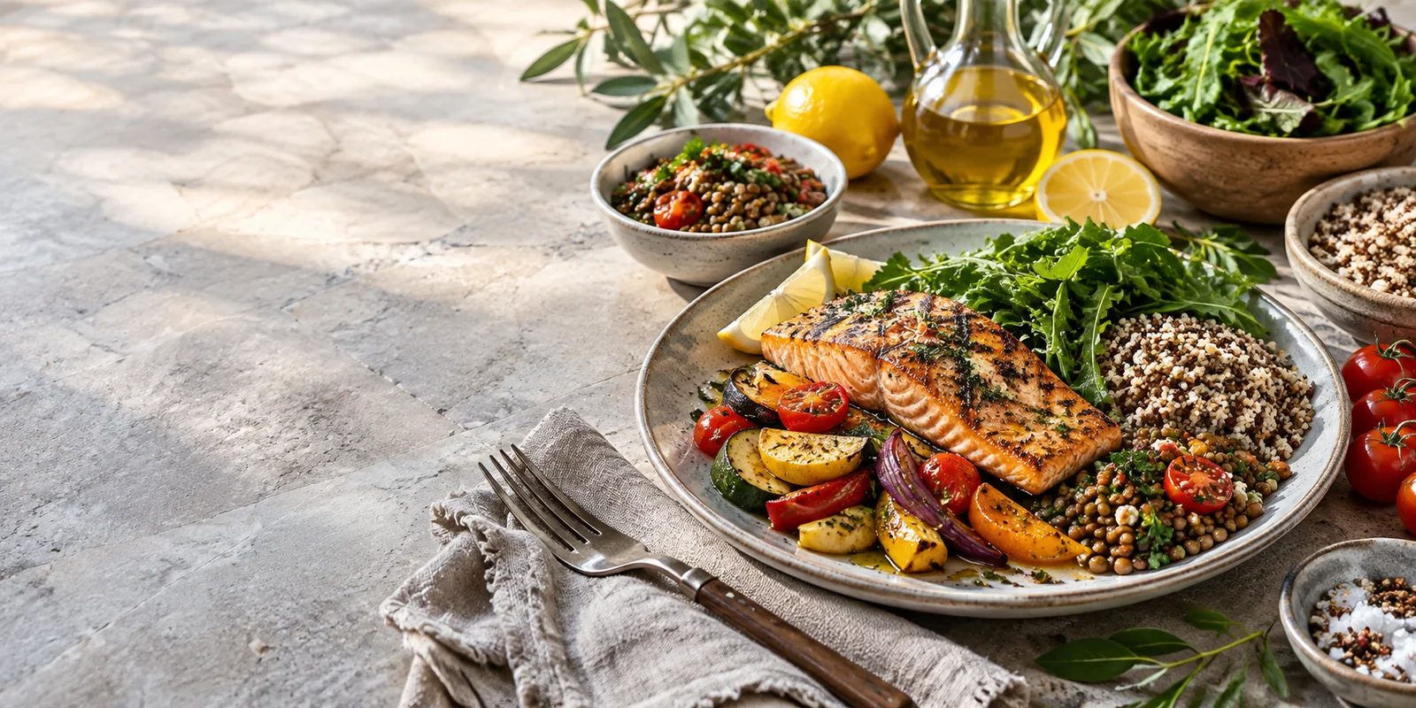 Filete de salmón al horno con verduras en una bandeja