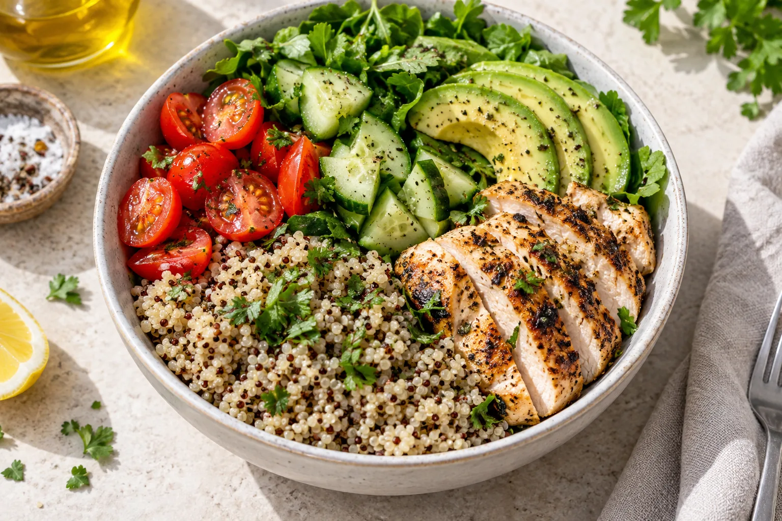 Cuenco de quinoa con pollo, aguacate y verduras