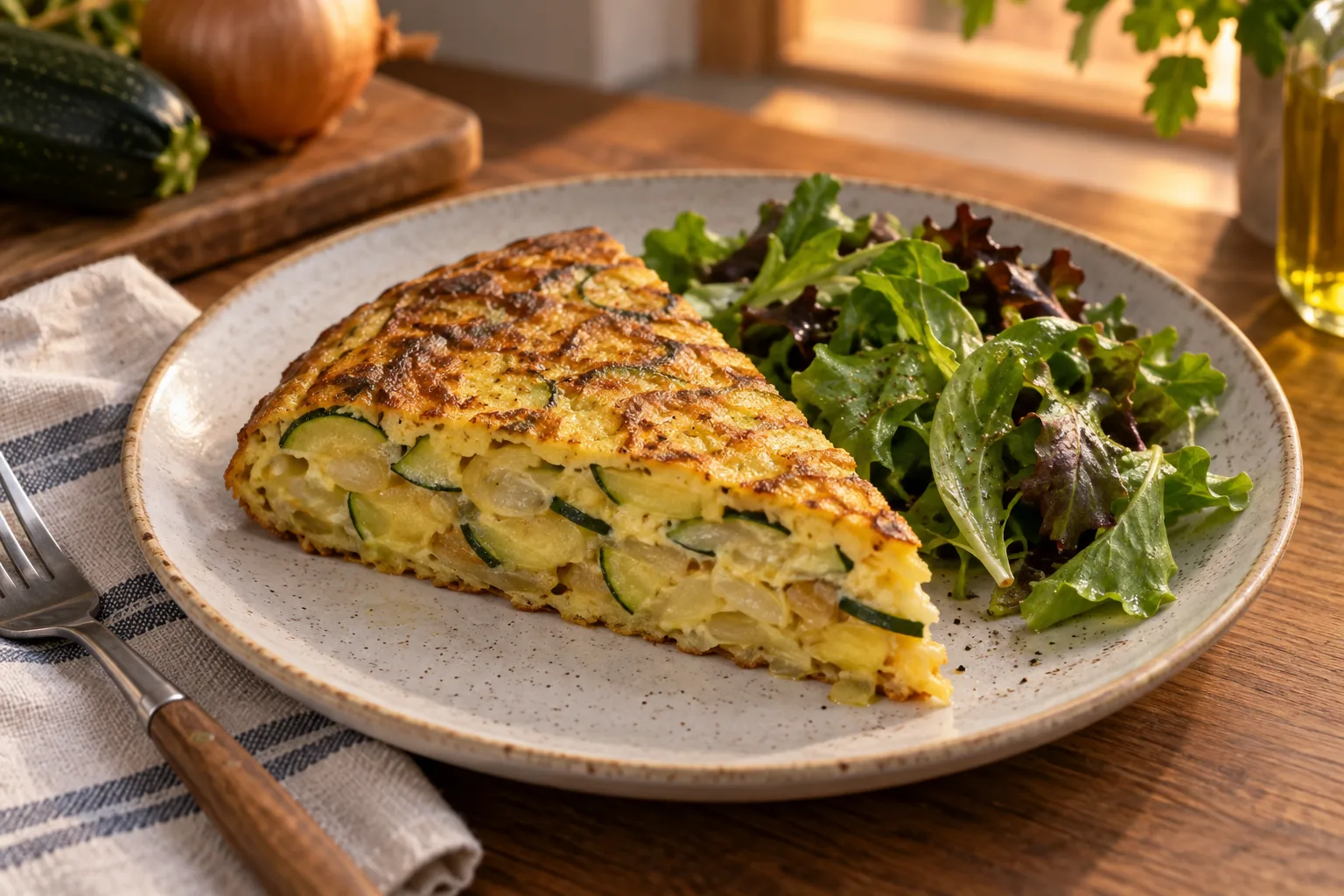 Tortilla de calabacín con ensalada fresca
