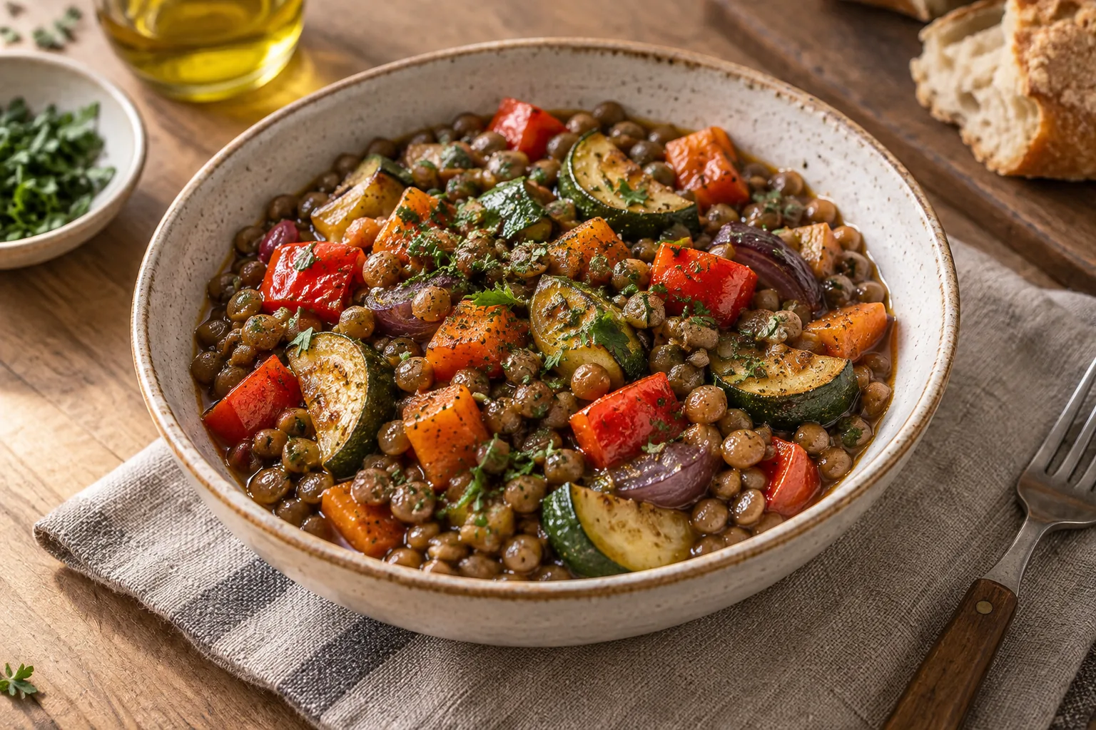 Cuenco de lentejas con verduras asadas