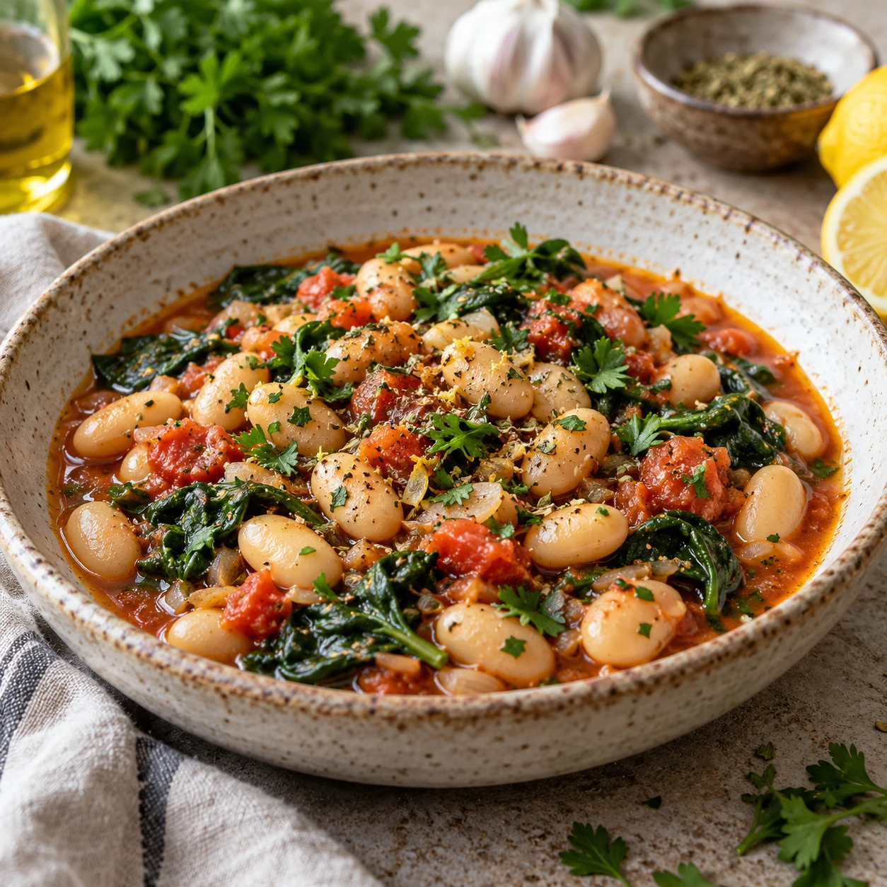 Alubias blancas guisadas con tomate, espinaca y orégano