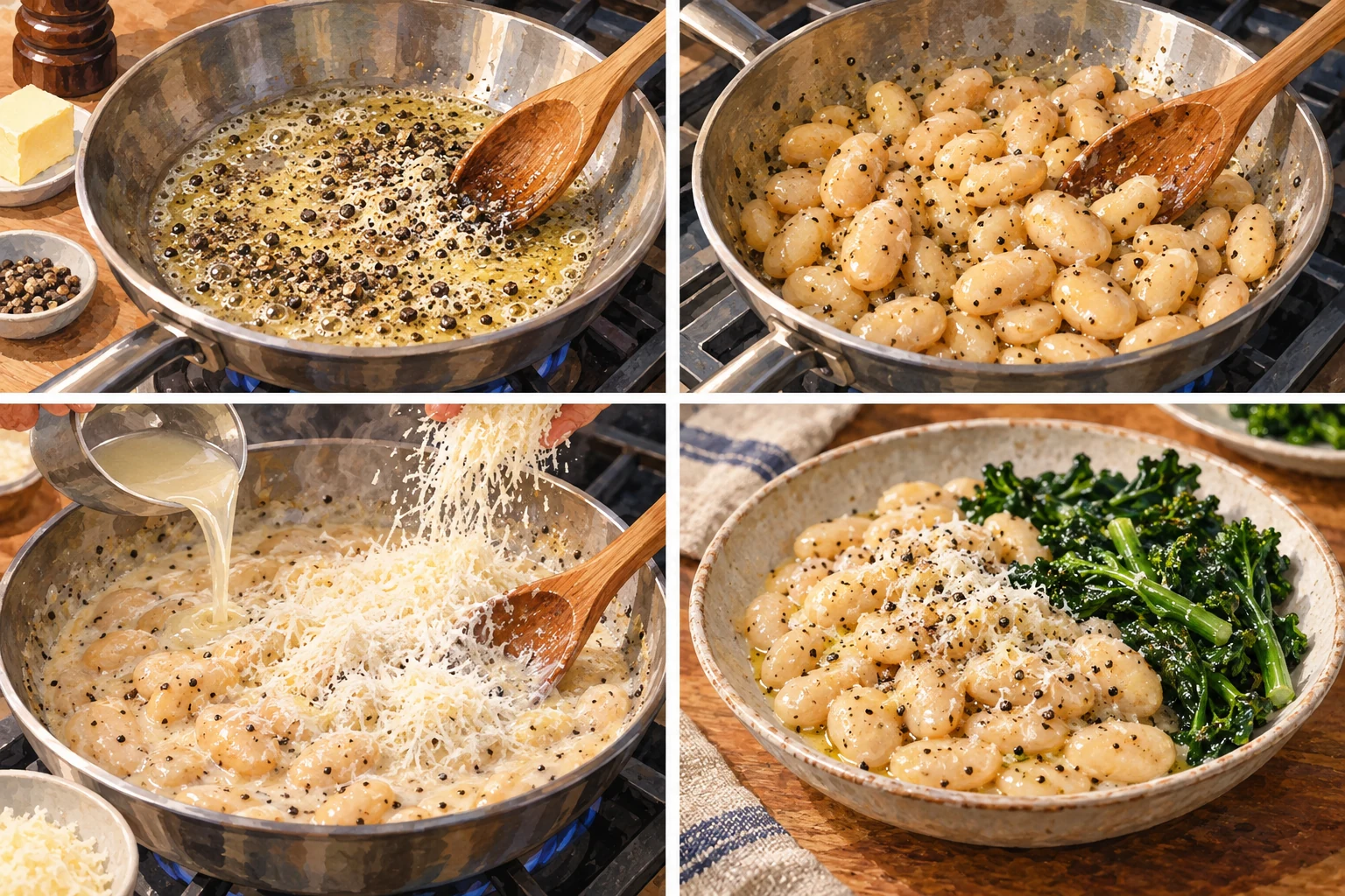Alubias cremosas con pimienta negra, pecorino y verduras verdes