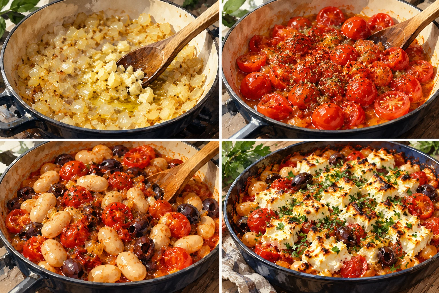 Alubias con tomate especiado, feta y aceitunas