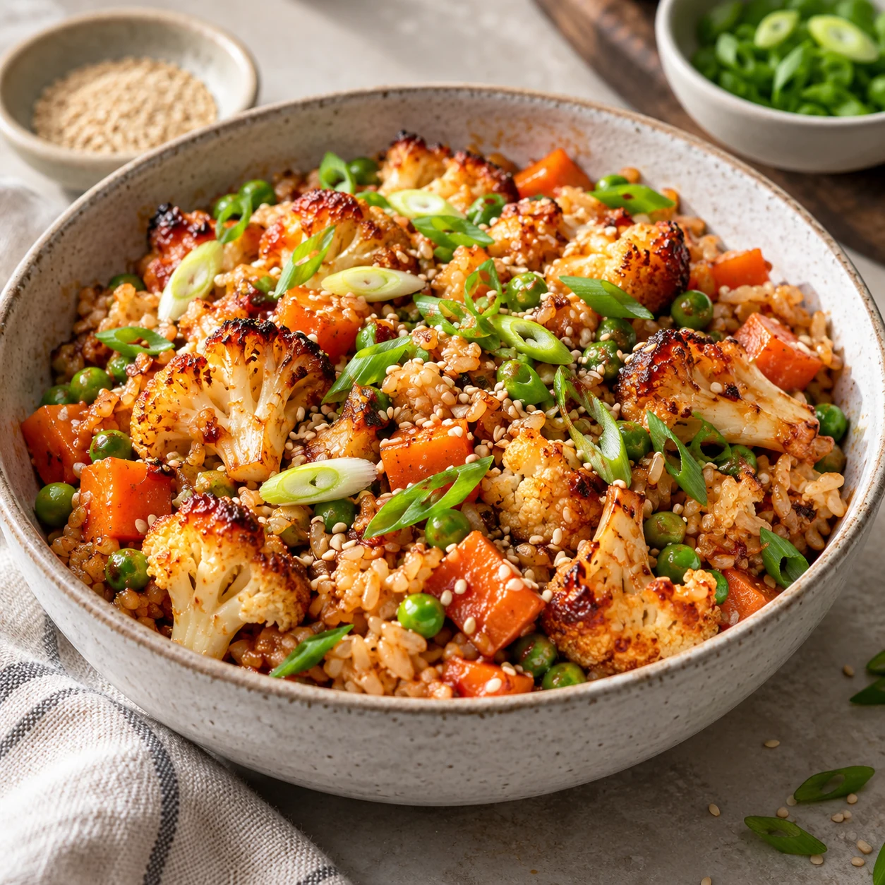 Arroz integral al horno con coliflor, zanahoria, guisantes y gochujang