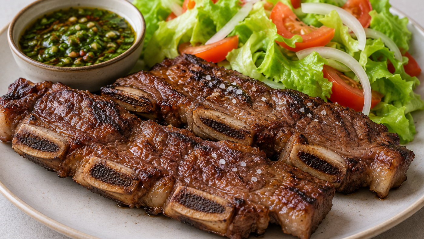 Imagen ilustrativa de tira de asado con chimichurri y ensalada de lechuga, tomate y cebolla
