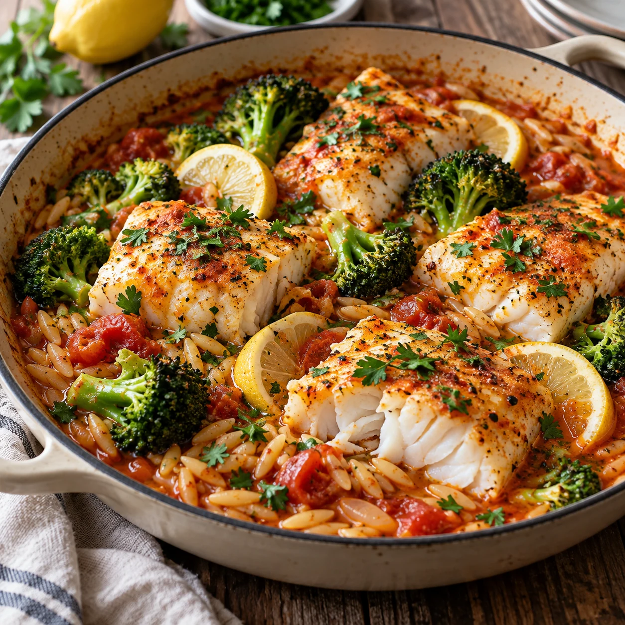 Bacalao al horno con brócoli, orzo y pimentón ahumado