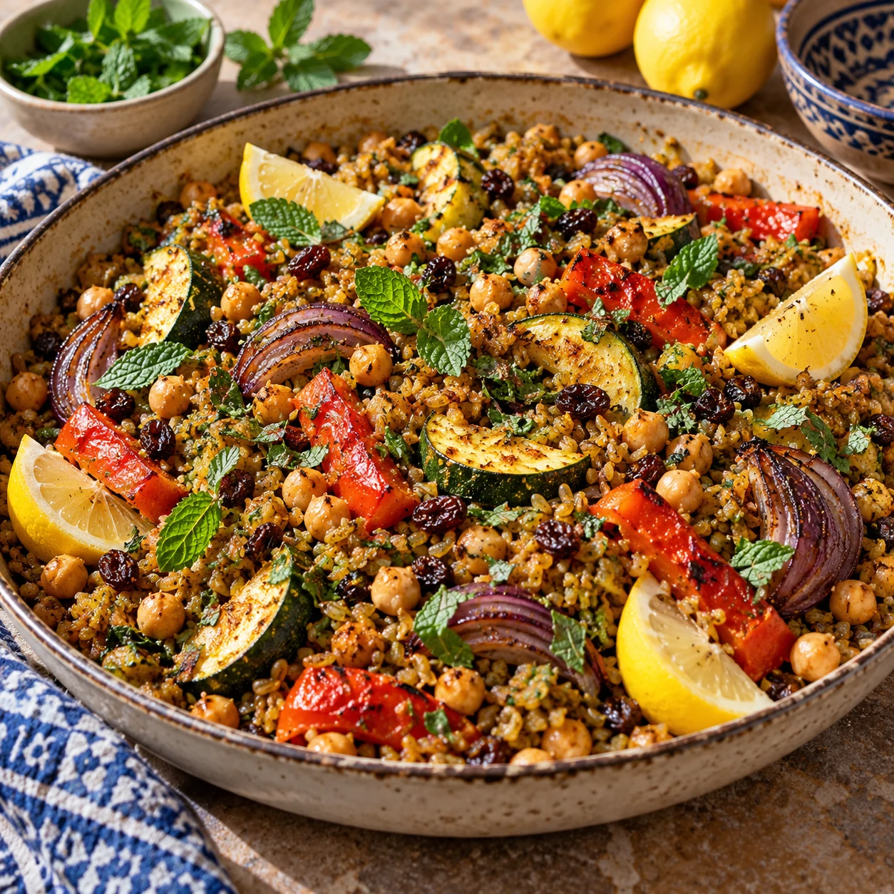 Bandeja al horno de freekeh con garbanzos, calabacín y verduras