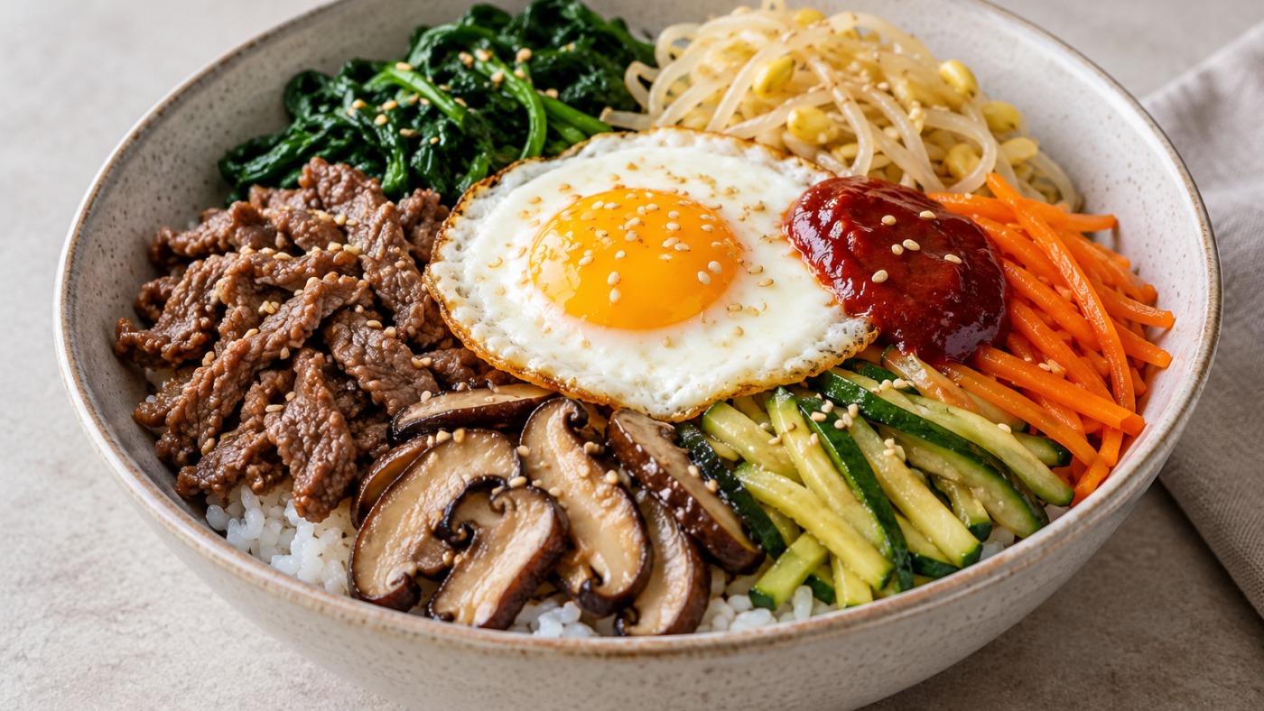 Imagen ilustrativa de bibimbap con arroz, ternera, verduras, huevo frito, gochujang y sésamo