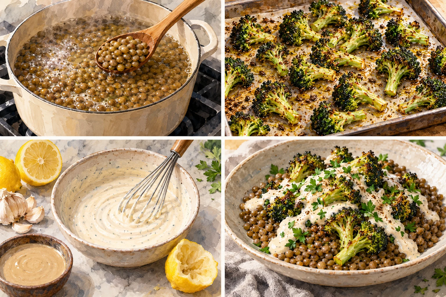 Brócoli asado con lentejas verdes, yogur y tahini