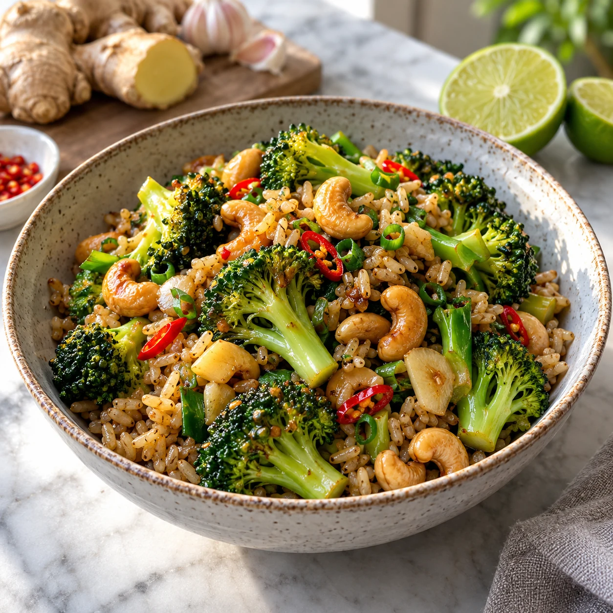 Brócoli salteado con jengibre y anacardos servido con arroz integral