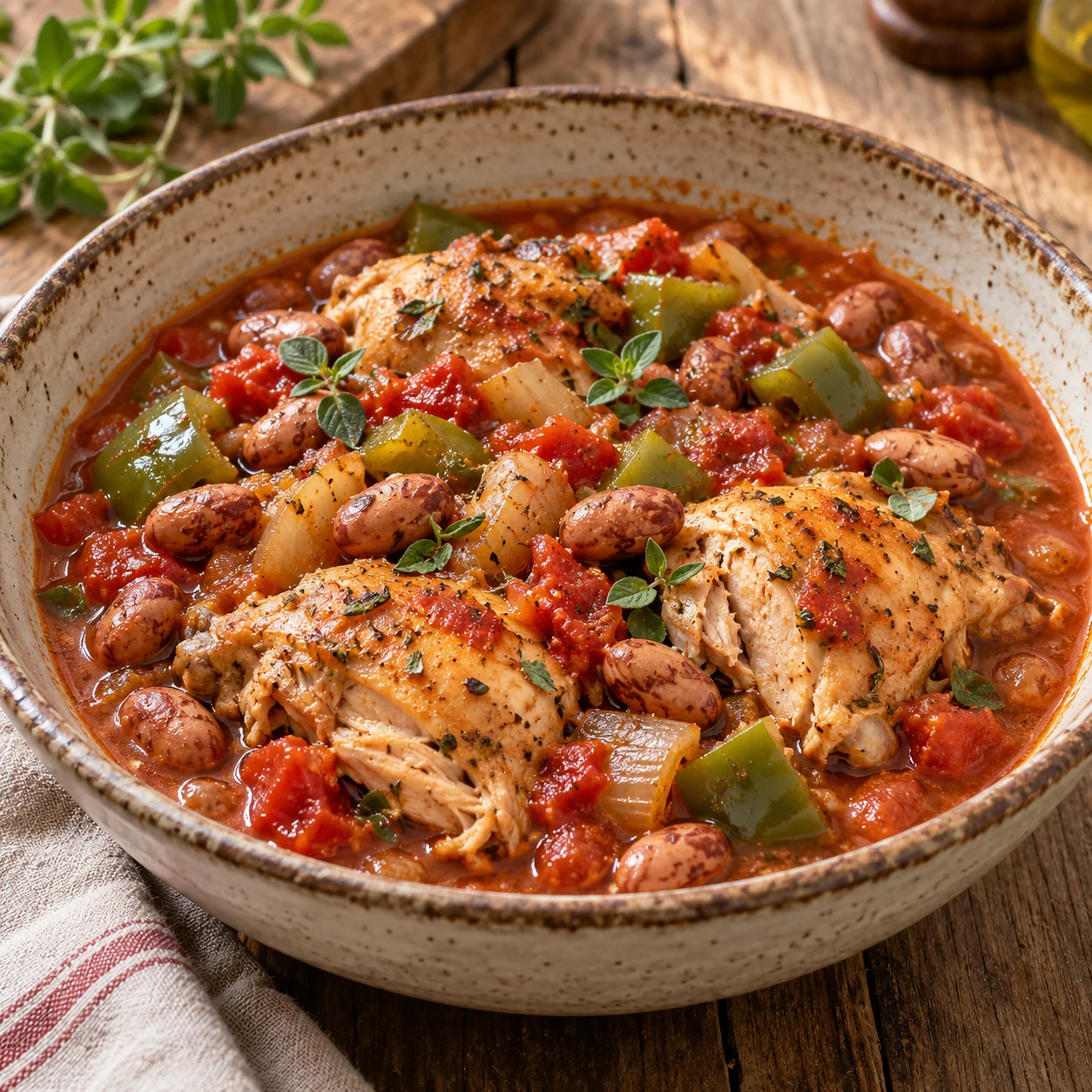 Cazuela de pollo con alubias borlotti, pimiento verde y tomate