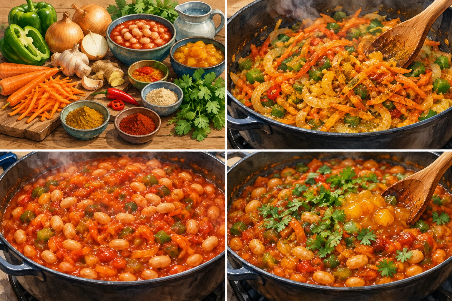 Chakalaka sudafricana de pimiento, zanahoria y alubias