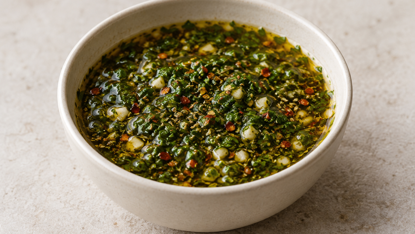 Imagen ilustrativa de chimichurri de perejil, ajo y especias con aceite y vinagre en un cuenco