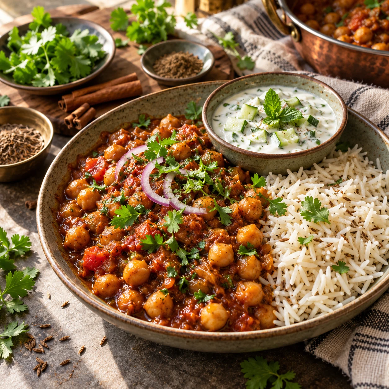 Chole de garbanzos con arroz al comino y raita de pepino