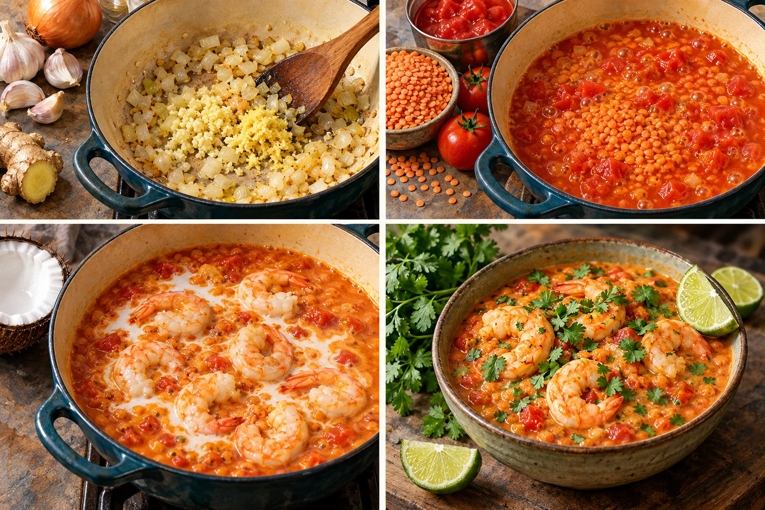 Curry de gambas y lentejas rojas con tomate y leche de coco
