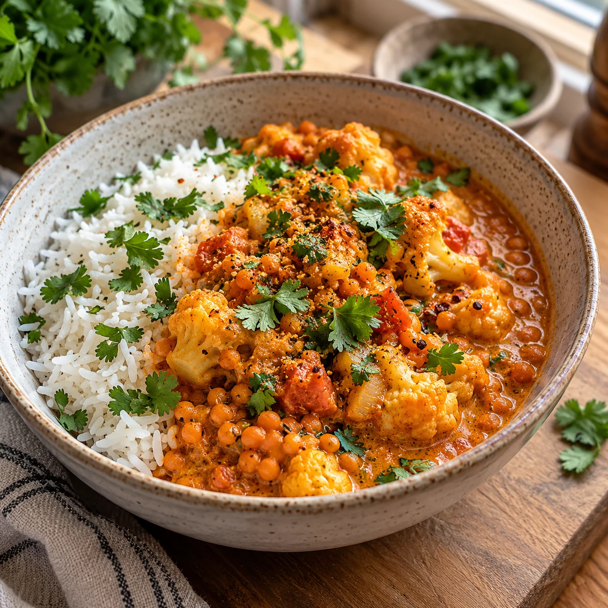 Curry de lentejas rojas con coliflor y arroz basmati