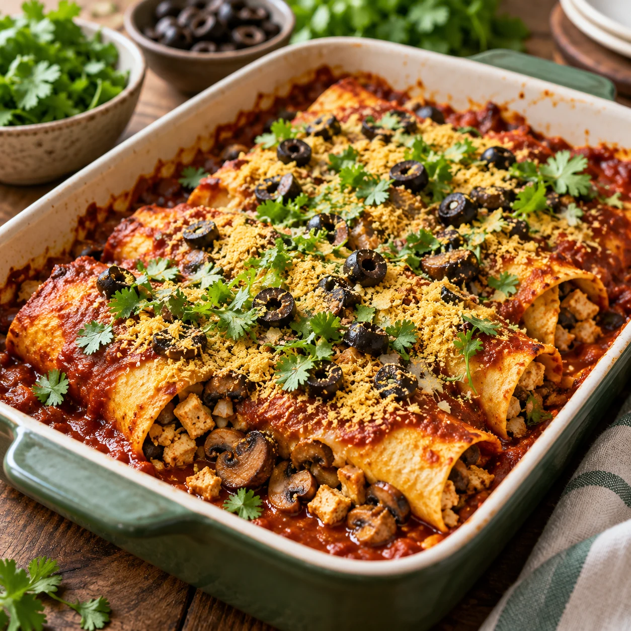 Enchiladas vegetarianas de tofu al horno con salsa, champiñones y aceitunas