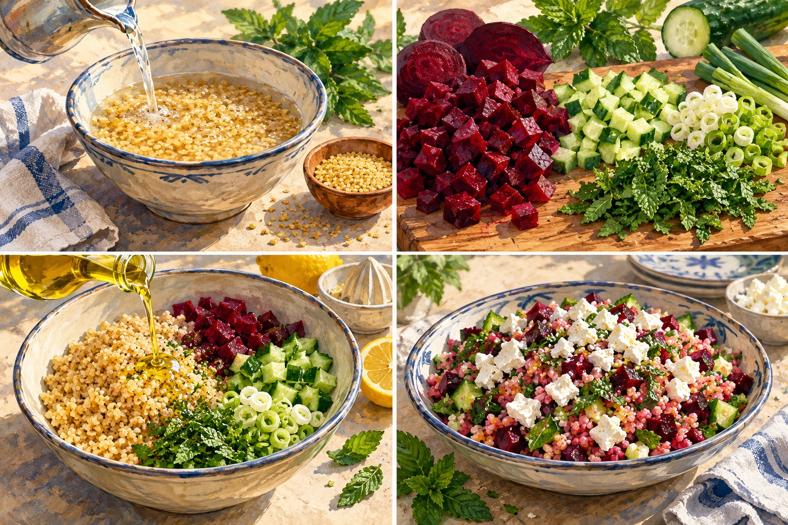 Ensalada templada de bulgur con remolacha, pepino, feta y menta