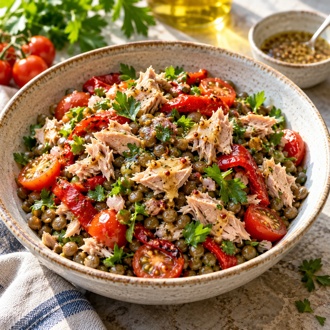 Ensalada de lentejas verdes con atún, tomate y pimiento asado