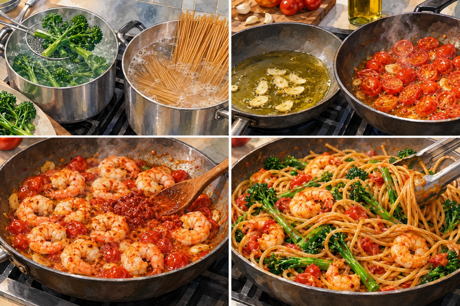 Espaguetis integrales con gambas, harissa y brócoli