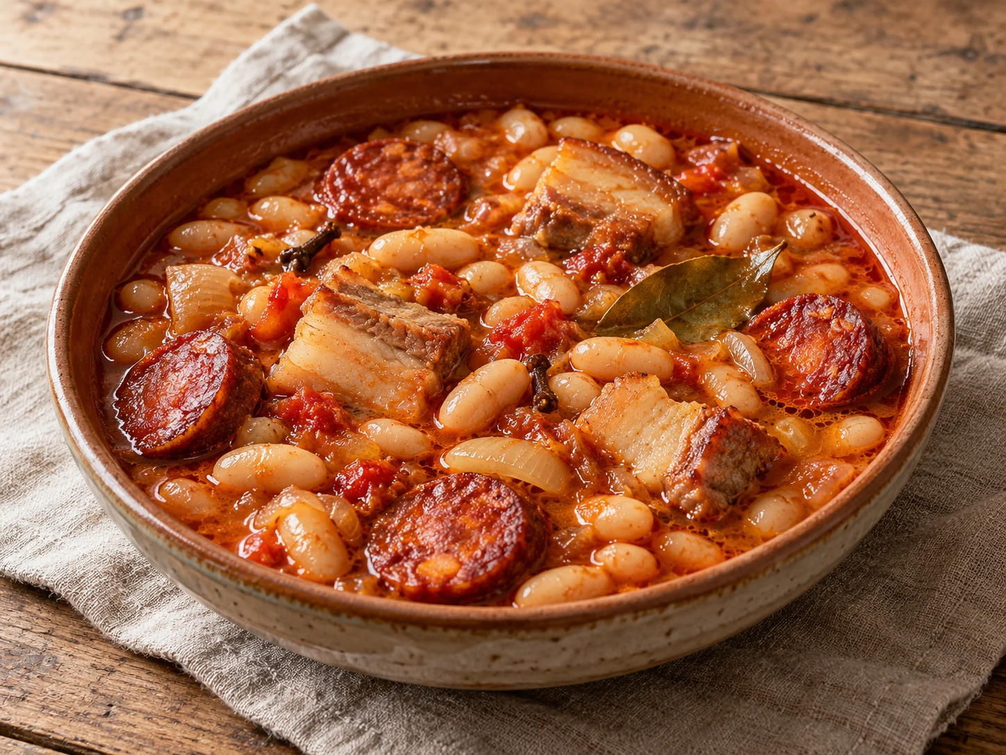 Guiso portugués de alubias blancas con panceta, chouriço y tomate.