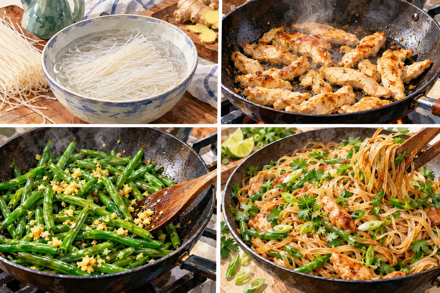 Fideos de arroz salteados con pollo, jengibre y judías verdes