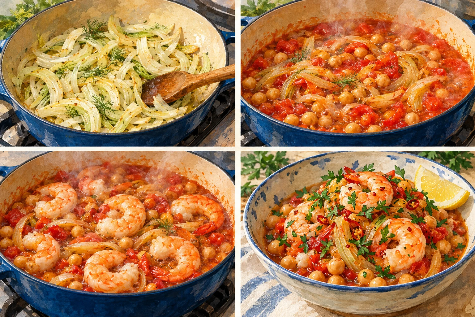 Garbanzos guisados con hinojo, tomate y gambas al chile