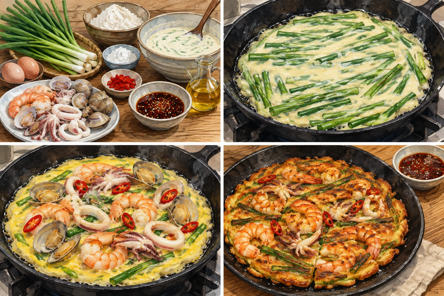 Haemul-pajeon coreano de cebolleta, marisco, huevo y salsa