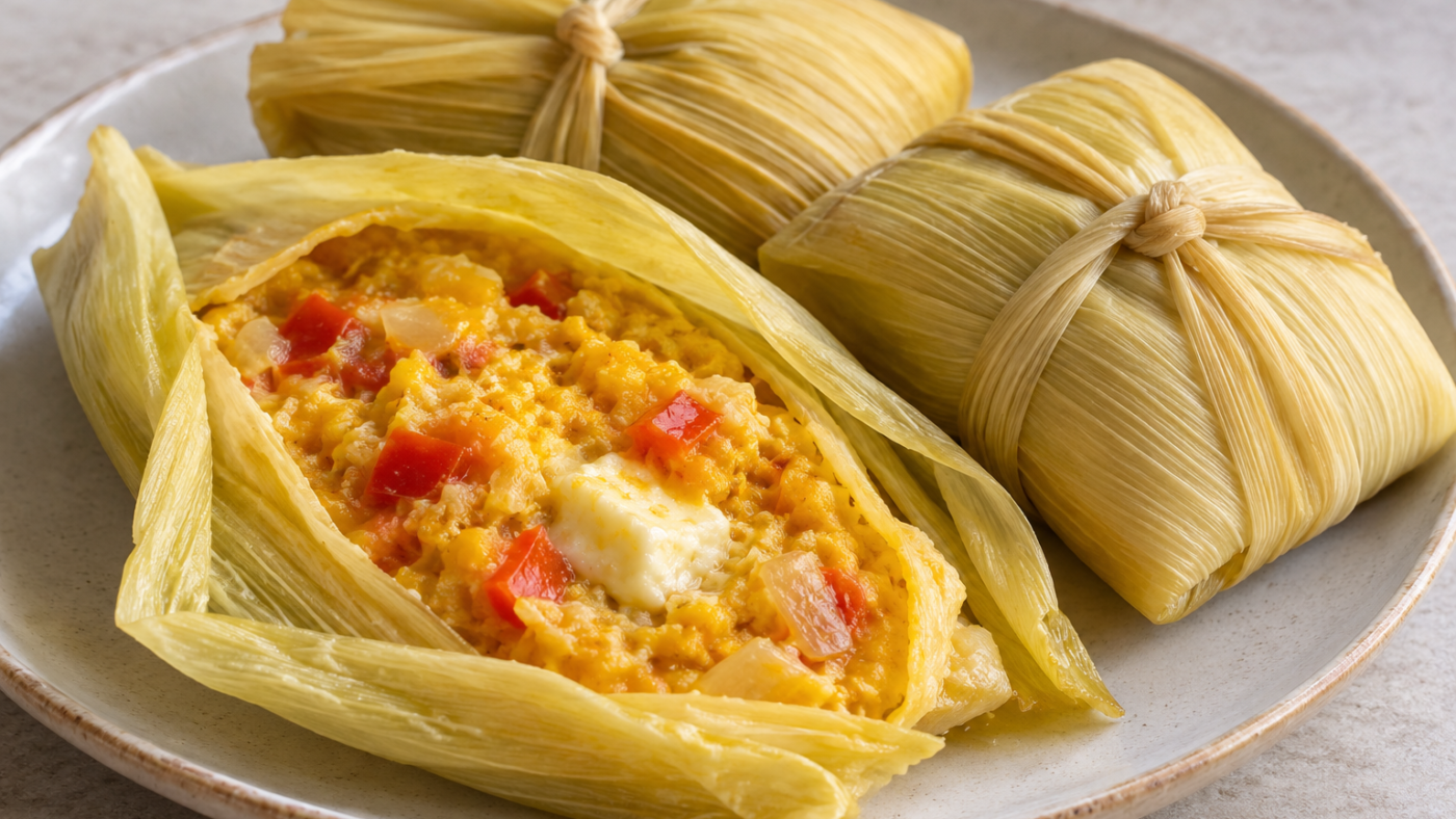 Imagen ilustrativa de humitas de maíz, calabaza, cebolla, pimiento rojo y queso fresco en hojas de maíz