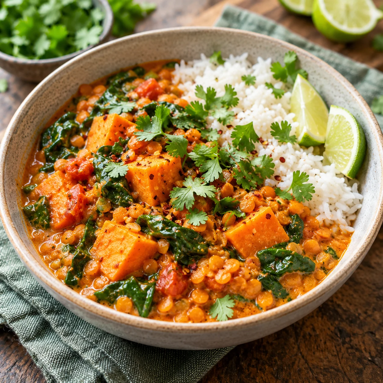 Curry de lentejas rojas con boniato y espinacas