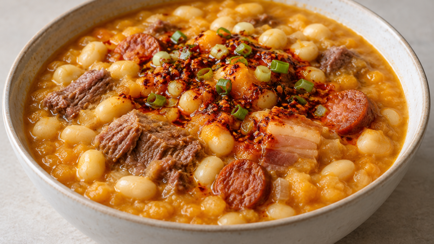 Imagen ilustrativa de locro con maíz blanco, alubias, calabaza, ternera, panceta, chorizo y salsa de pimentón con cebolleta