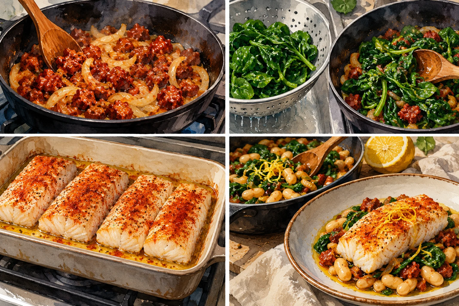 Merluza con chorizo ahumado, alubias cannellini y espinaca