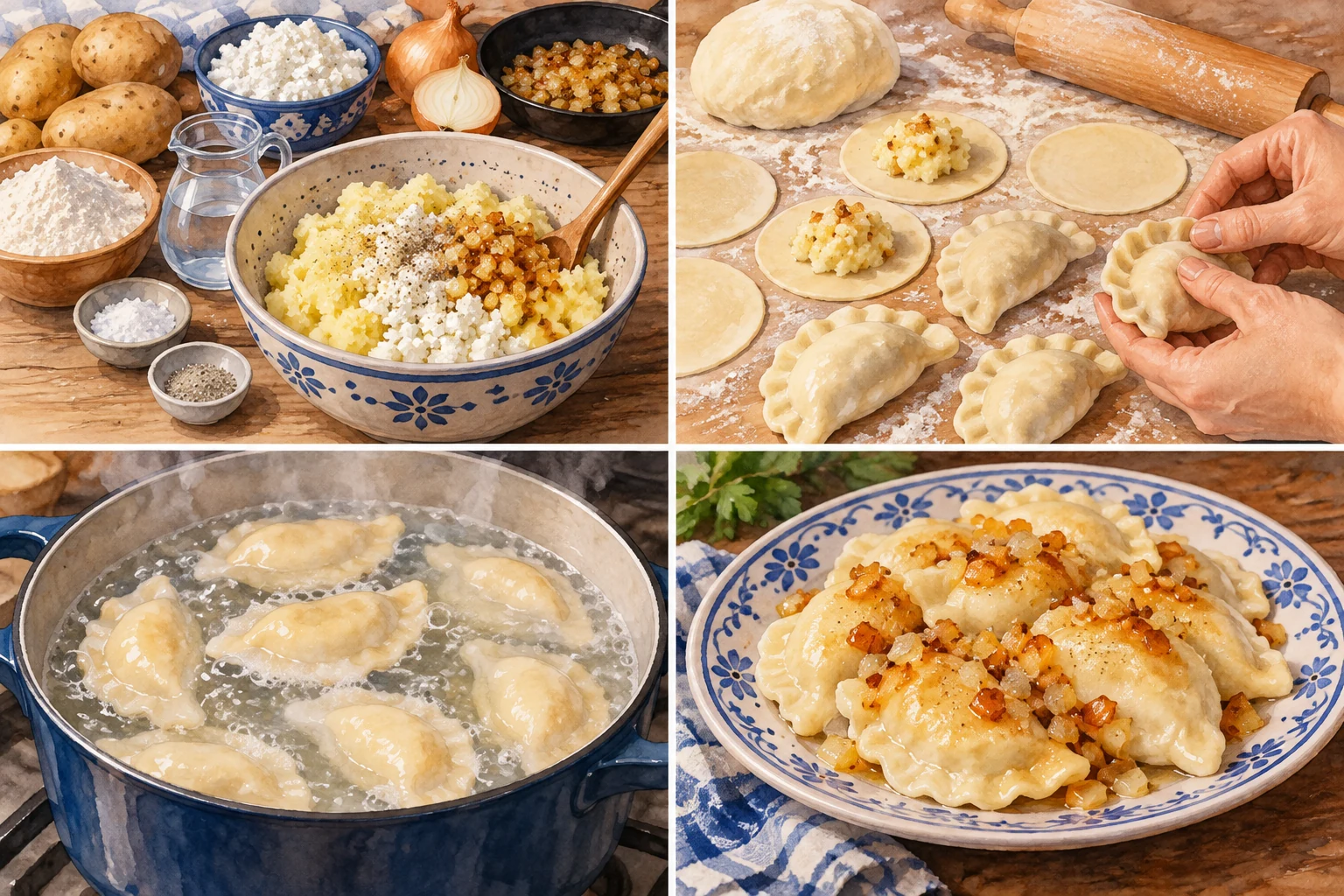 Pierogi ruskie polacos rellenos de patata, queso fresco y cebolla