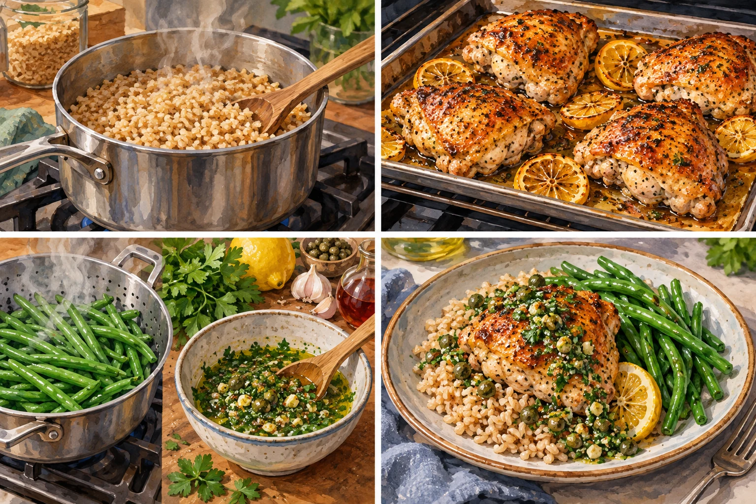 Pollo asado con arroz integral, judías verdes y salsa verde de hierbas