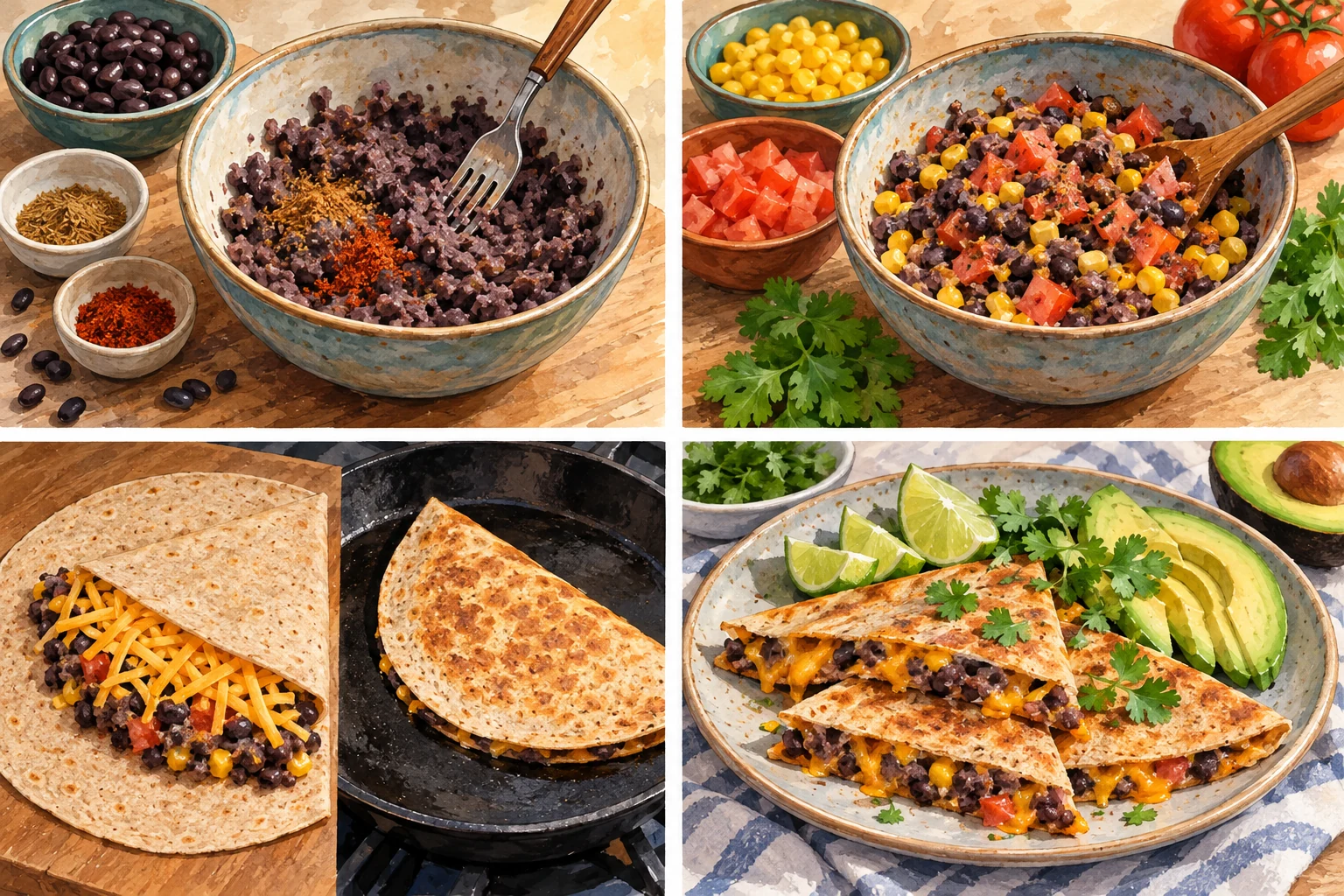 Quesadillas integrales de alubias picantes con aguacate