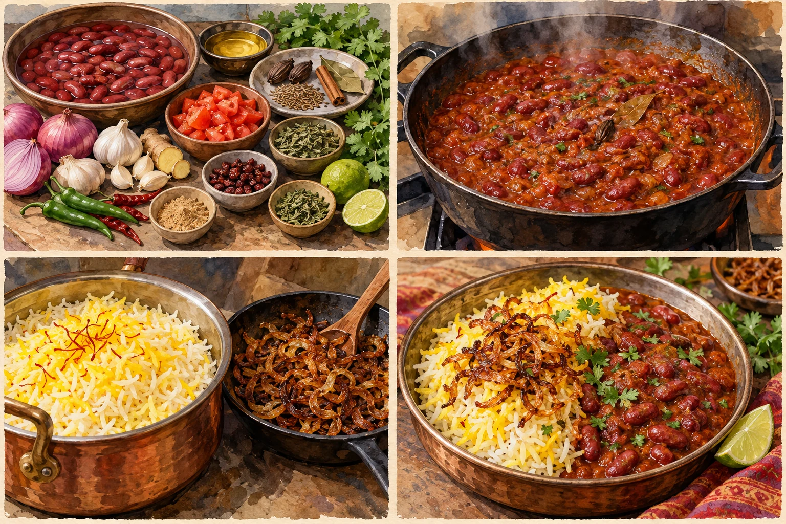 Rajma punjabí con alubias rojas, curry de tomate, arroz al azafrán y cebolla crujiente