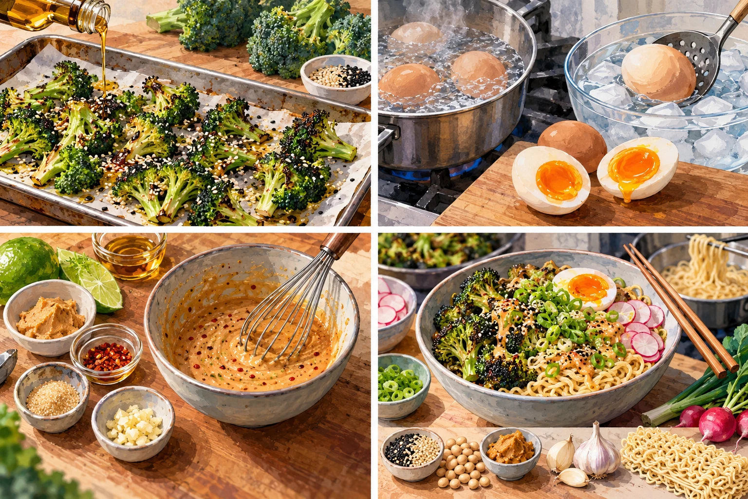 Ramen con brócoli asado, miso, sésamo y huevo