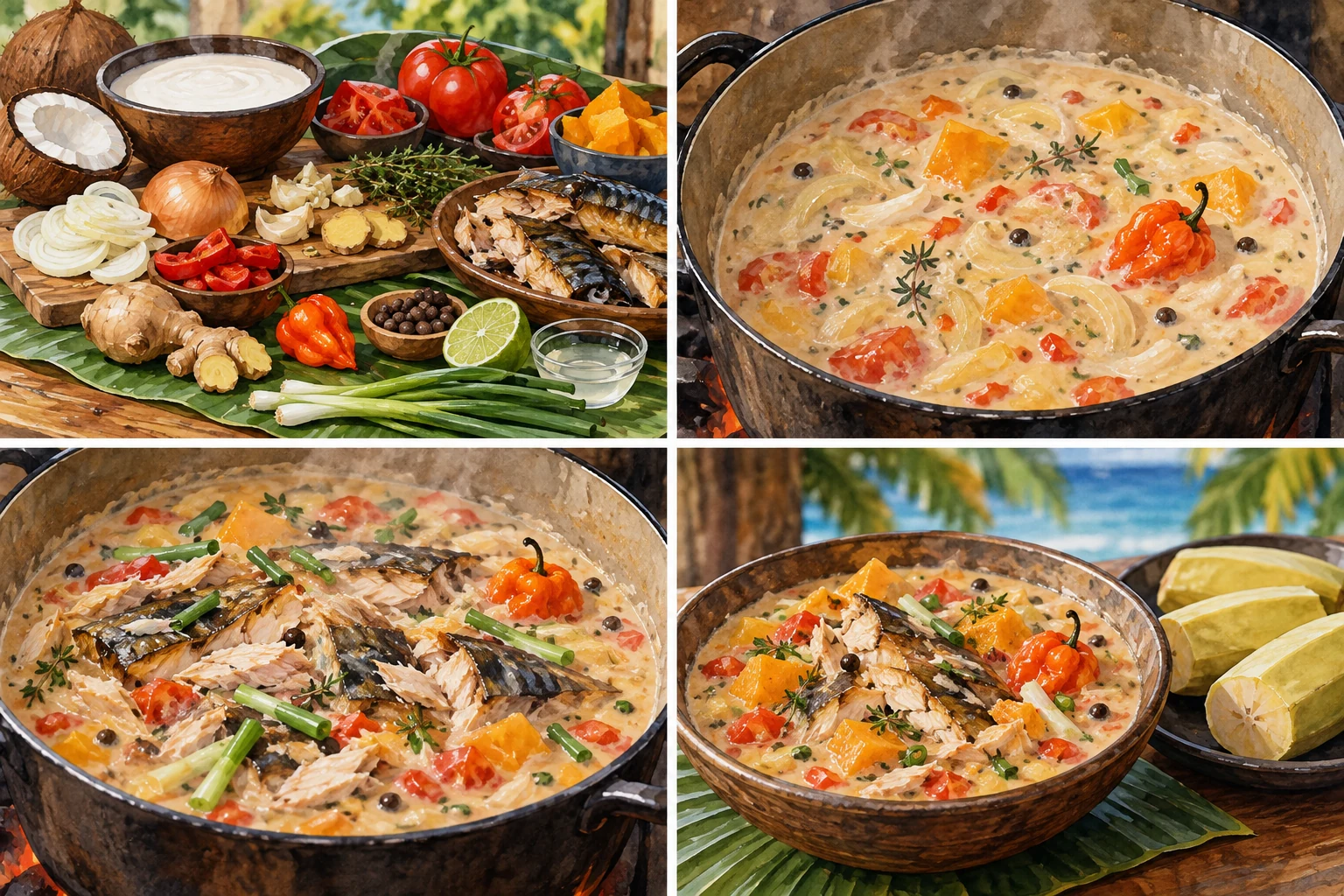 Rundown jamaicano de caballa ahumada en salsa de coco con tomate, calabaza y plátano verde