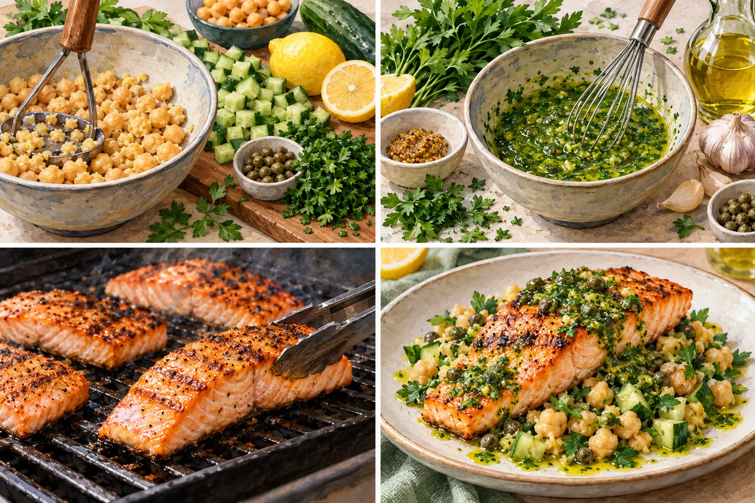Salmón con salsa verde y ensalada de garbanzos y pepino