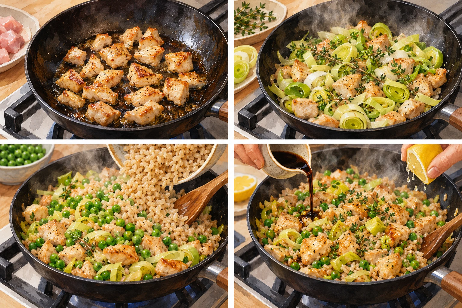 Salteado de pollo con puerro, arroz integral, guisantes y tomillo