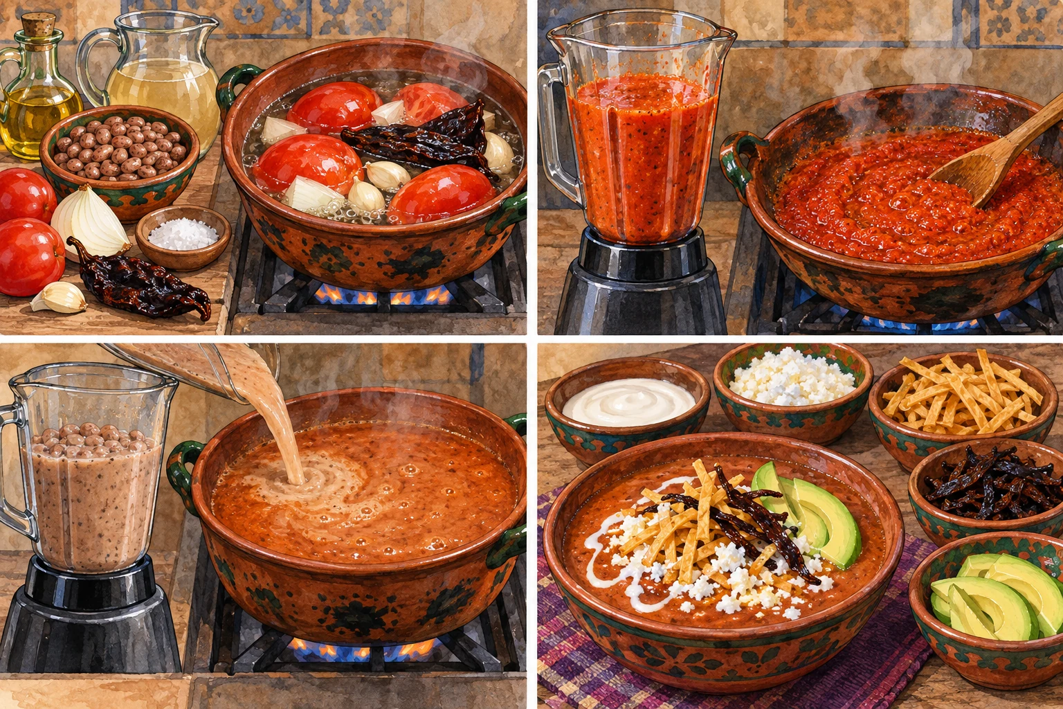 Sopa tarasca de tomate y frijol pinto con crema, queso Cotija, tiras de tortilla y chile ancho