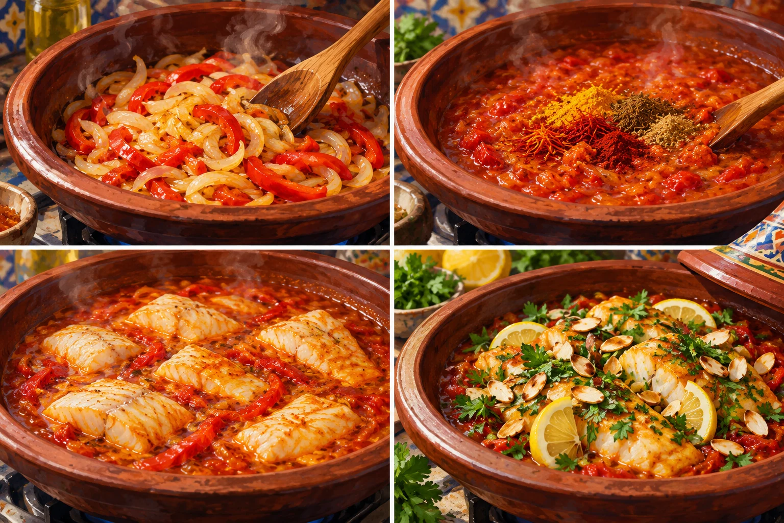 Tajín de pescado con azafrán, tomate y almendras