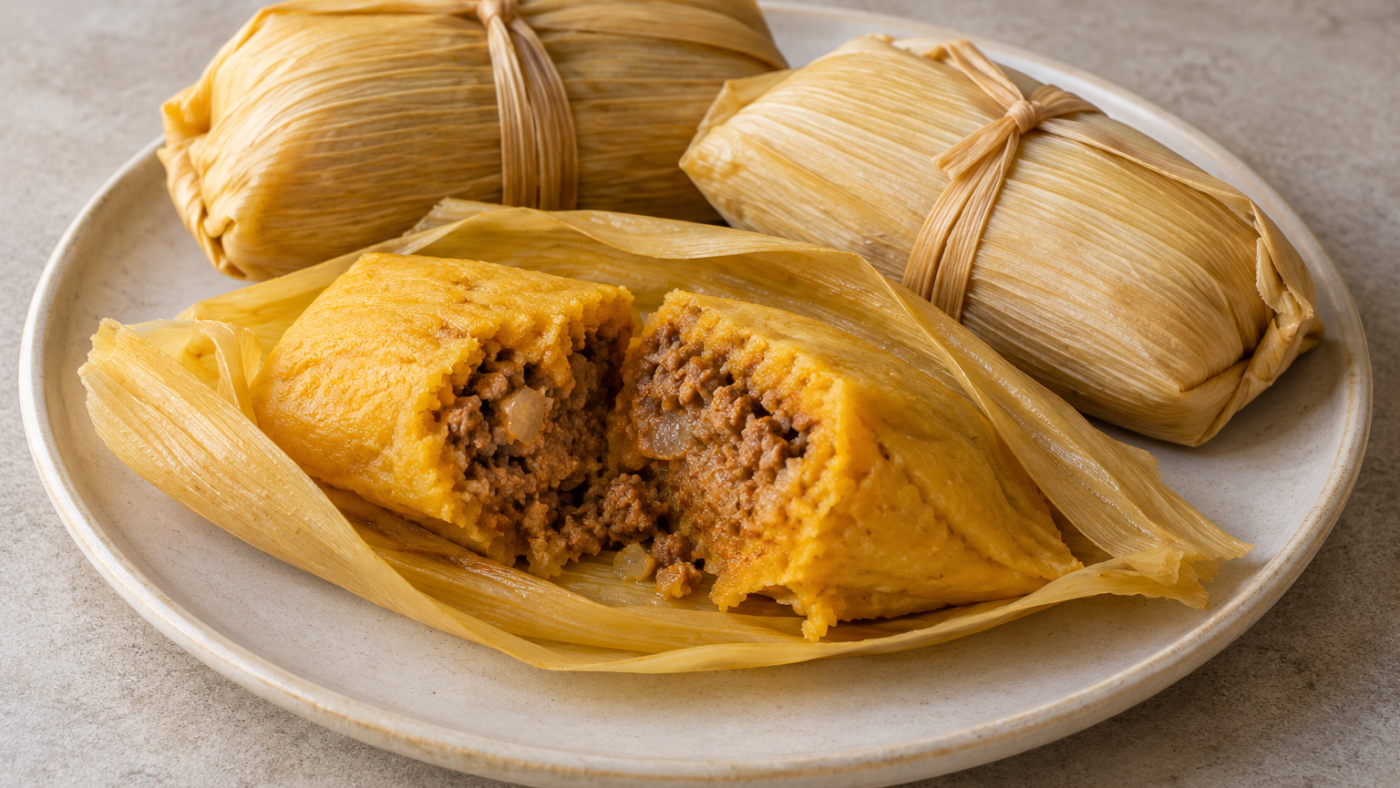 Imagen ilustrativa de tamales de maíz y calabaza rellenos de ternera y cebolla, envueltos en hojas de maíz