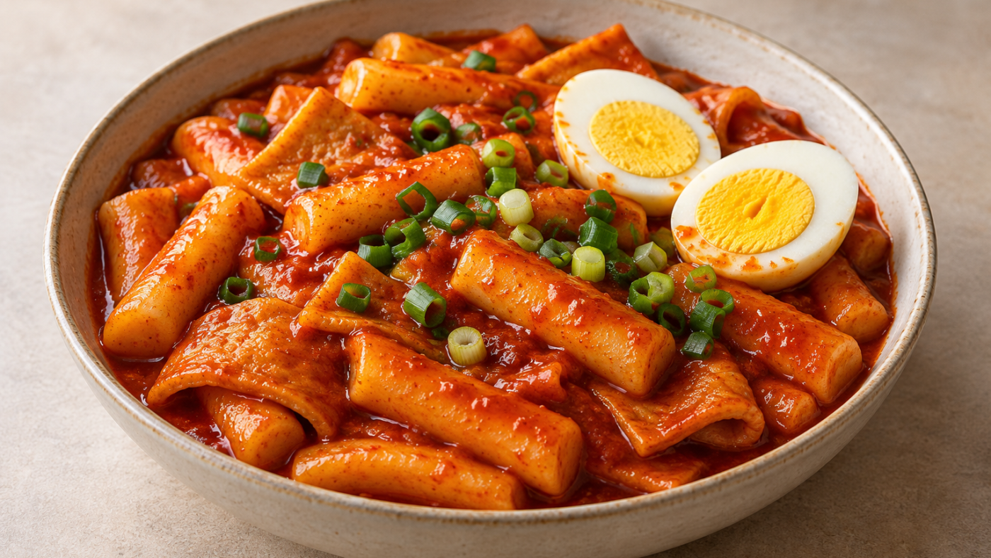 Imagen ilustrativa de tteokbokki con cilindros de arroz, pastel de pescado, huevo duro y cebolleta en salsa roja