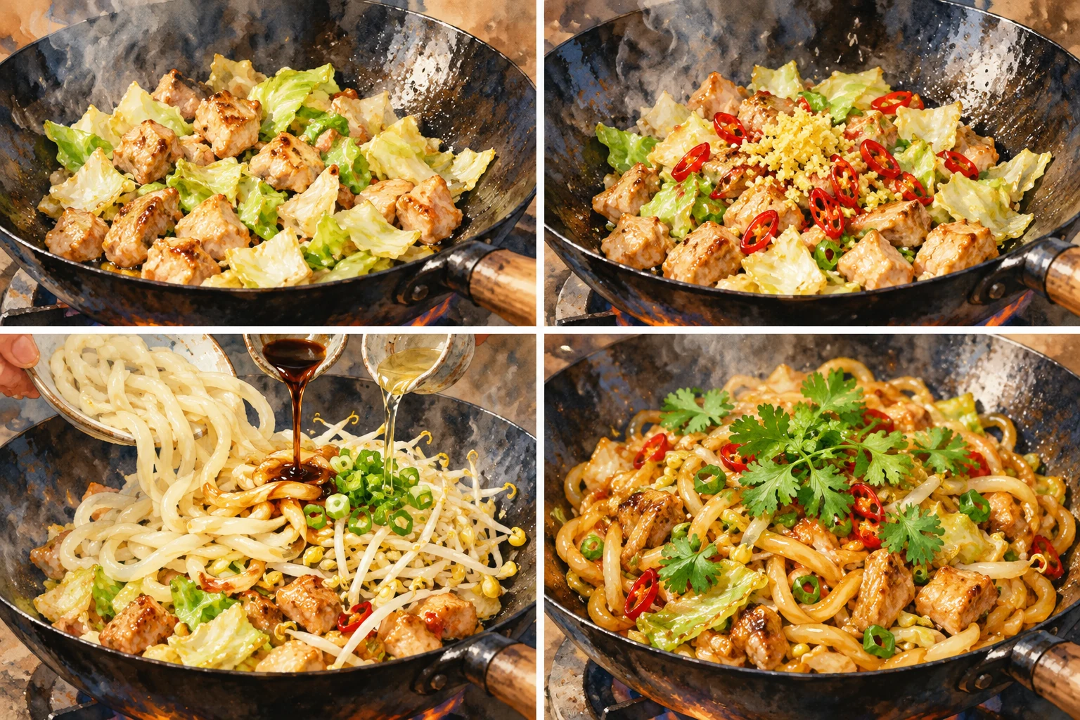 Fideos udon con pollo, jengibre, col y brotes de soja