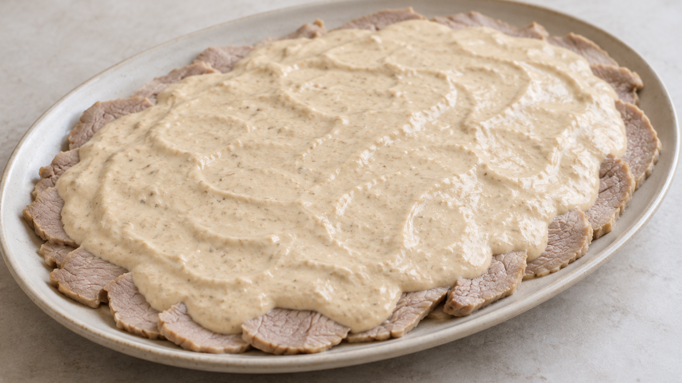 Imagen ilustrativa de vitel toné con lonchas finas de ternera cocida cubiertas de salsa cremosa de atún